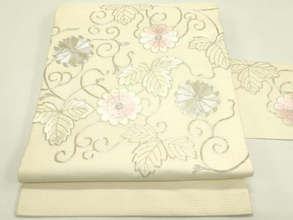 平和屋着物＊夏物　九寸名古屋帯　総刺繍　駒刺繍　菊唐草文　正絹　逸品　CABI5212rv