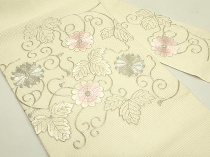 平和屋着物＊夏物　九寸名古屋帯　総刺繍　駒刺繍　菊唐草文　正絹　逸品　CABI5212rv