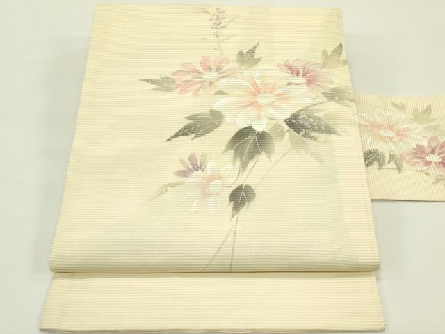 平和屋着物＊夏物　九寸名古屋帯　手描き　草花文　銀糸　正絹　逸品　CABI5214rv