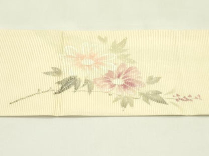 平和屋着物＊夏物　九寸名古屋帯　手描き　草花文　銀糸　正絹　逸品　CABI5214rv