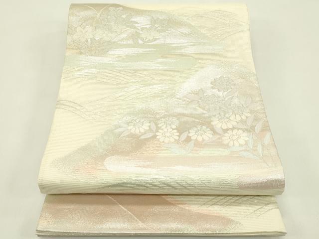 平和屋着物＊夏物　六通柄袋帯　遠山草花文　銀糸　正絹　逸品　CABI5226rv