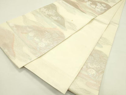平和屋着物＊夏物　六通柄袋帯　遠山草花文　銀糸　正絹　逸品　CABI5226rv