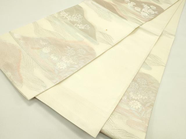 平和屋着物＊夏物　六通柄袋帯　遠山草花文　銀糸　正絹　逸品　CABI5226rv