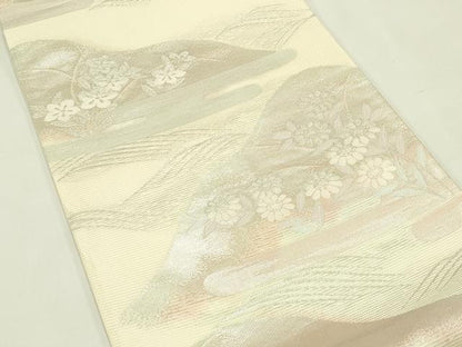 平和屋着物＊夏物　六通柄袋帯　遠山草花文　銀糸　正絹　逸品　CABI5226rv