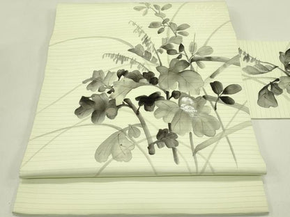 平和屋着物＊夏物　絽塩瀬　九寸名古屋帯　手描き　草木文　銀彩　正絹　逸品　CABI5281rv