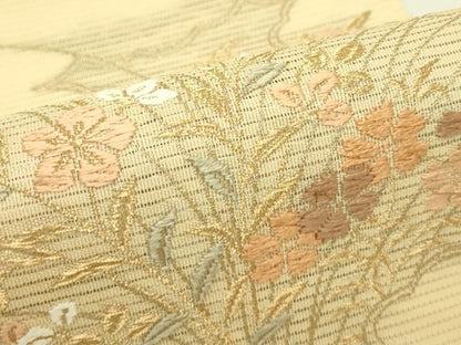 平和屋着物＊夏物　九寸名古屋帯　唐織　秋草文　金糸　正絹　逸品　未使用　CABI5284rv