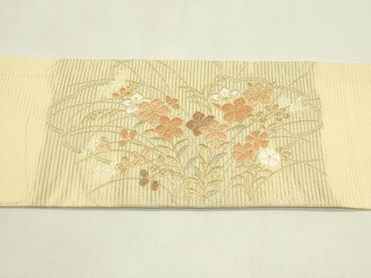 平和屋着物＊夏物　九寸名古屋帯　唐織　秋草文　金糸　正絹　逸品　未使用　CABI5284rv