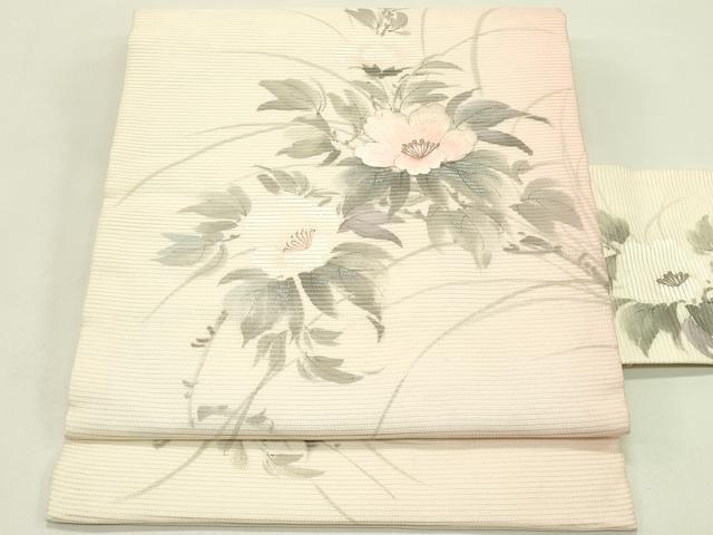 平和屋着物＊夏物　九寸名古屋帯　作家物　手描き　刺繍　草花文　銀彩　正絹　逸品　CABI5306rv