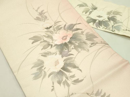 平和屋着物＊夏物　九寸名古屋帯　作家物　手描き　刺繍　草花文　銀彩　正絹　逸品　CABI5306rv