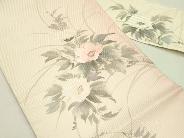 平和屋着物＊夏物　九寸名古屋帯　作家物　手描き　刺繍　草花文　銀彩　正絹　逸品　CABI5306rv