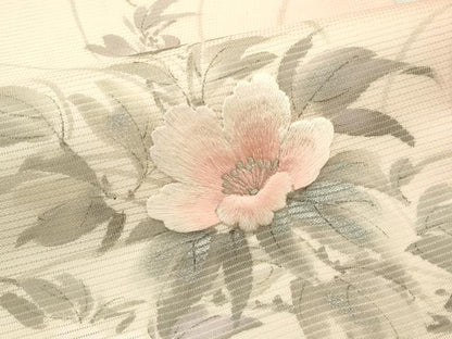 平和屋着物＊夏物　九寸名古屋帯　作家物　手描き　刺繍　草花文　銀彩　正絹　逸品　CABI5306rv