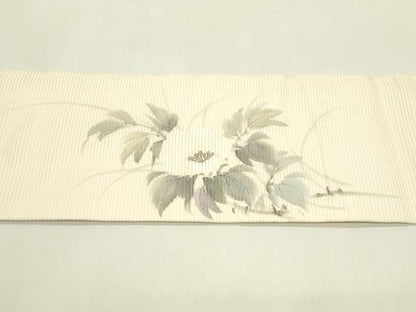 平和屋着物＊夏物　九寸名古屋帯　作家物　手描き　刺繍　草花文　銀彩　正絹　逸品　CABI5306rv