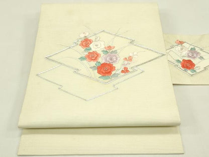 平和屋着物＊夏物　九寸名古屋帯　総刺繍　駒刺繍　松皮菱花文　銀糸　正絹　逸品　CABI5310rv