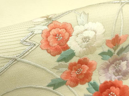 平和屋着物＊夏物　九寸名古屋帯　総刺繍　駒刺繍　松皮菱花文　銀糸　正絹　逸品　CABI5310rv