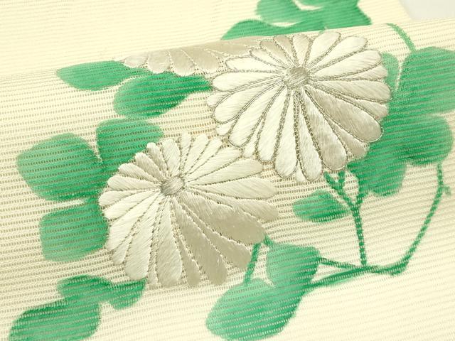 平和屋着物＊夏物　九寸開き名古屋帯　手描き　刺繍　菊　銀糸　正絹　逸品　CABI5324rv