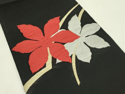 平和屋着物＊夏物　西陣の名門織元　いづくら謹製　八寸名古屋帯　絽綴れ　草花文　黒地　金銀糸　正絹　逸品　CABI5340rv