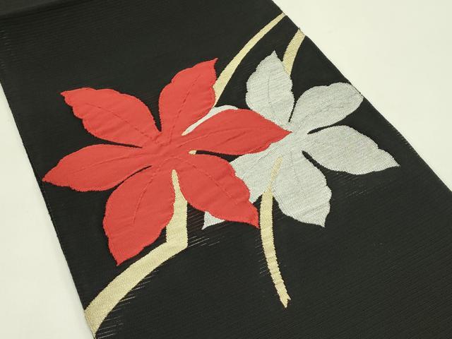 平和屋着物＊夏物　西陣の名門織元　いづくら謹製　八寸名古屋帯　絽綴れ　草花文　黒地　金銀糸　正絹　逸品　CABI5340rv