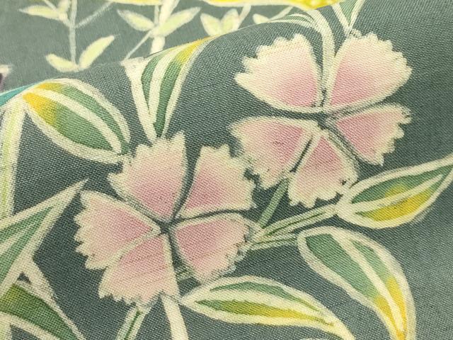 平和屋着物＊夏物　九寸名古屋帯　作家物　ろうけつ染め　秋草文　麻　逸品　CABI5344rv