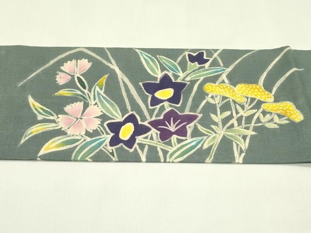 平和屋着物＊夏物　九寸名古屋帯　作家物　ろうけつ染め　秋草文　麻　逸品　CABI5344rv