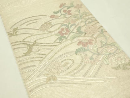 平和屋着物＊夏物　太鼓柄袋帯　総刺繍　絽刺し　区限刺繍　草花文　金糸　正絹　逸品　CABI5360rv