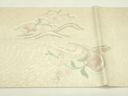 平和屋着物＊夏物　太鼓柄袋帯　総刺繍　絽刺し　区限刺繍　草花文　金糸　正絹　逸品　CABI5360rv