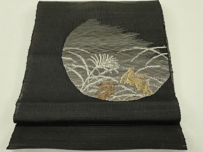 平和屋着物＊夏物　八寸名古屋帯　月兎　黒地　金銀糸　正絹　逸品　CABI5361rv