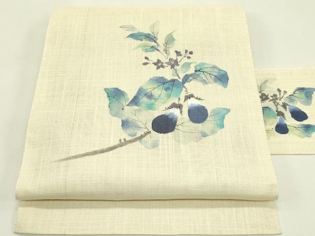 平和屋着物＊夏物　八寸名古屋帯　手描き　成り物　茄子　CABI5383rv