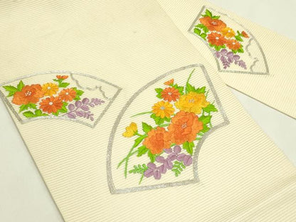 平和屋着物＊夏物　九寸名古屋帯　総刺繍　地紙草花文　銀糸　正絹　逸品　CABI5394rv