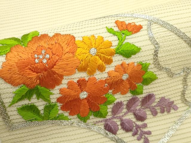 平和屋着物＊夏物　九寸名古屋帯　総刺繍　地紙草花文　銀糸　正絹　逸品　CABI5394rv