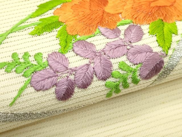 平和屋着物＊夏物　九寸名古屋帯　総刺繍　地紙草花文　銀糸　正絹　逸品　CABI5394rv