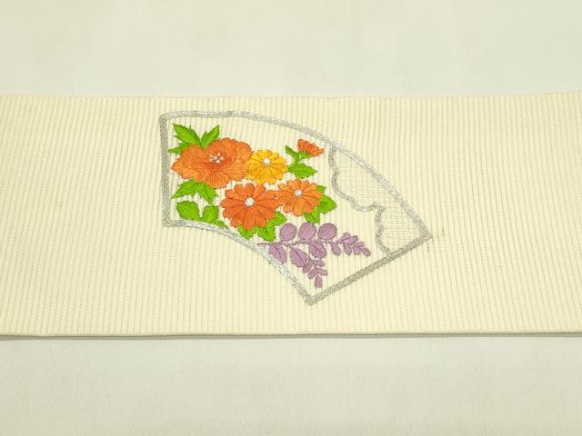 平和屋着物＊夏物　九寸名古屋帯　総刺繍　地紙草花文　銀糸　正絹　逸品　CABI5394rv