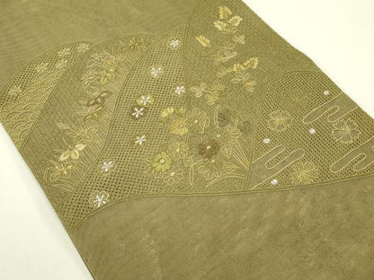 平和屋着物＊夏物　太鼓柄袋帯　総刺繍　中国三大刺繍　スワトウ刺繍　遠山草花文　金銀糸　正絹　逸品　CABI5420rv