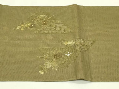 平和屋着物＊夏物　太鼓柄袋帯　総刺繍　中国三大刺繍　スワトウ刺繍　遠山草花文　金銀糸　正絹　逸品　CABI5420rv