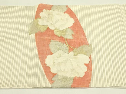 平和屋着物＊夏物　八寸名古屋帯　絽綴れ　牡丹　金糸　正絹　逸品　CABI5427rv