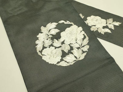 平和屋着物＊夏物　九寸名古屋帯　総刺繍　駒刺繍　牡丹　黒地　銀糸　正絹　逸品　CABI5444rv