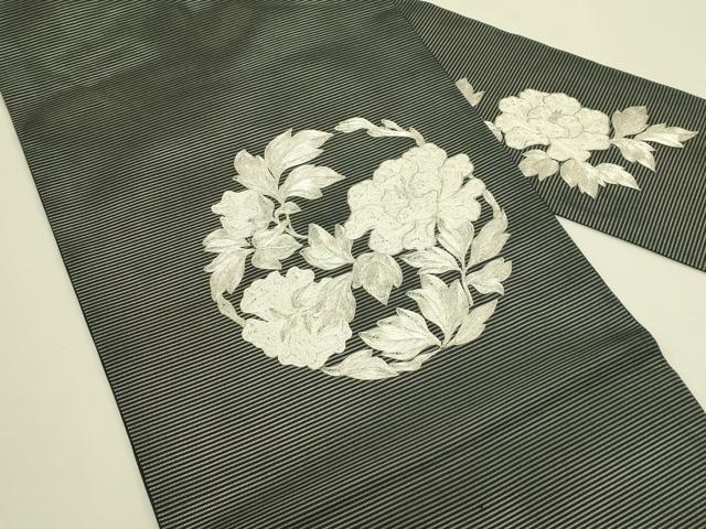 平和屋着物＊夏物　九寸名古屋帯　総刺繍　駒刺繍　牡丹　黒地　銀糸　正絹　逸品　CABI5444rv