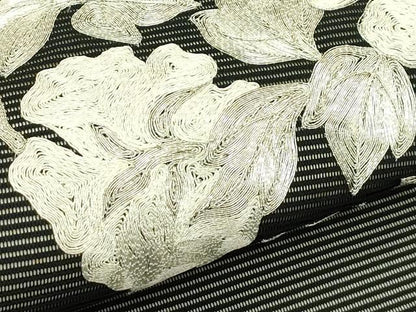 平和屋着物＊夏物　九寸名古屋帯　総刺繍　駒刺繍　牡丹　黒地　銀糸　正絹　逸品　CABI5444rv
