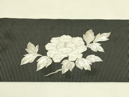 平和屋着物＊夏物　九寸名古屋帯　総刺繍　駒刺繍　牡丹　黒地　銀糸　正絹　逸品　CABI5444rv
