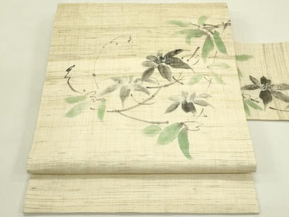 平和屋着物＊夏物　九寸名古屋帯　手描き　草花文　麻　逸品　CABI5446rv