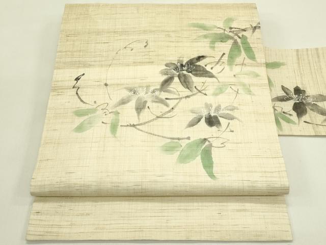平和屋着物＊夏物　九寸名古屋帯　手描き　草花文　麻　逸品　CABI5446rv