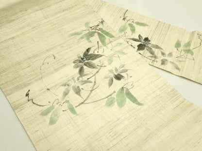 平和屋着物＊夏物　九寸名古屋帯　手描き　草花文　麻　逸品　CABI5446rv