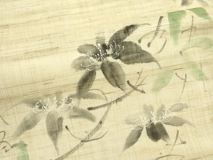 平和屋着物＊夏物　九寸名古屋帯　手描き　草花文　麻　逸品　CABI5446rv