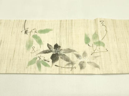 平和屋着物＊夏物　九寸名古屋帯　手描き　草花文　麻　逸品　CABI5446rv