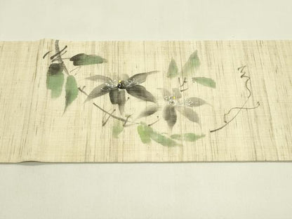 平和屋着物＊夏物　九寸名古屋帯　手描き　草花文　麻　逸品　CABI5446rv