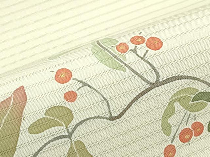 平和屋着物＊夏物　絽塩瀬　九寸名古屋帯　作家物　友禅　休み鳥　南天　正絹　逸品　CABI5449rv
