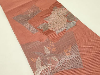 平和屋着物＊夏物　太鼓柄袋帯　絽綴れ　総刺繍　絽刺し　区限刺繍　冊子草花文　金糸　正絹　逸品　未使用　CABI5462rv