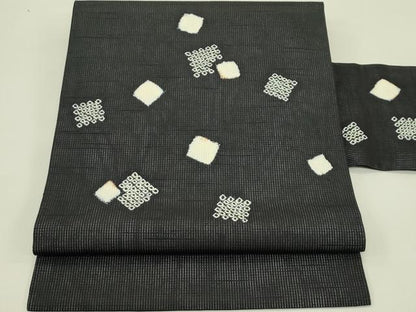 平和屋着物＊夏物　九寸名古屋帯　絞り　色紙重ね文　黒地　正絹　逸品　CABI5468rv