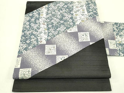 平和屋着物＊夏物　九寸名古屋帯　切嵌　草花文　黒地　正絹　逸品　未使用　CABI5470rv