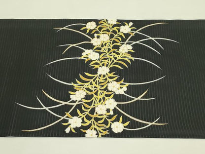平和屋着物＊夏物　絽塩瀬　九寸開き名古屋帯　撫子　黒地　金彩　三越扱い　正絹　逸品　CABI5473rv