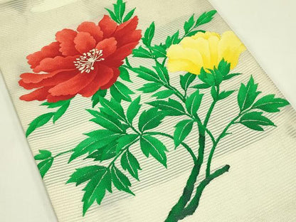 平和屋着物＊夏物　九寸開き名古屋帯　牡丹　銀糸　正絹　逸品　CABI5474rv